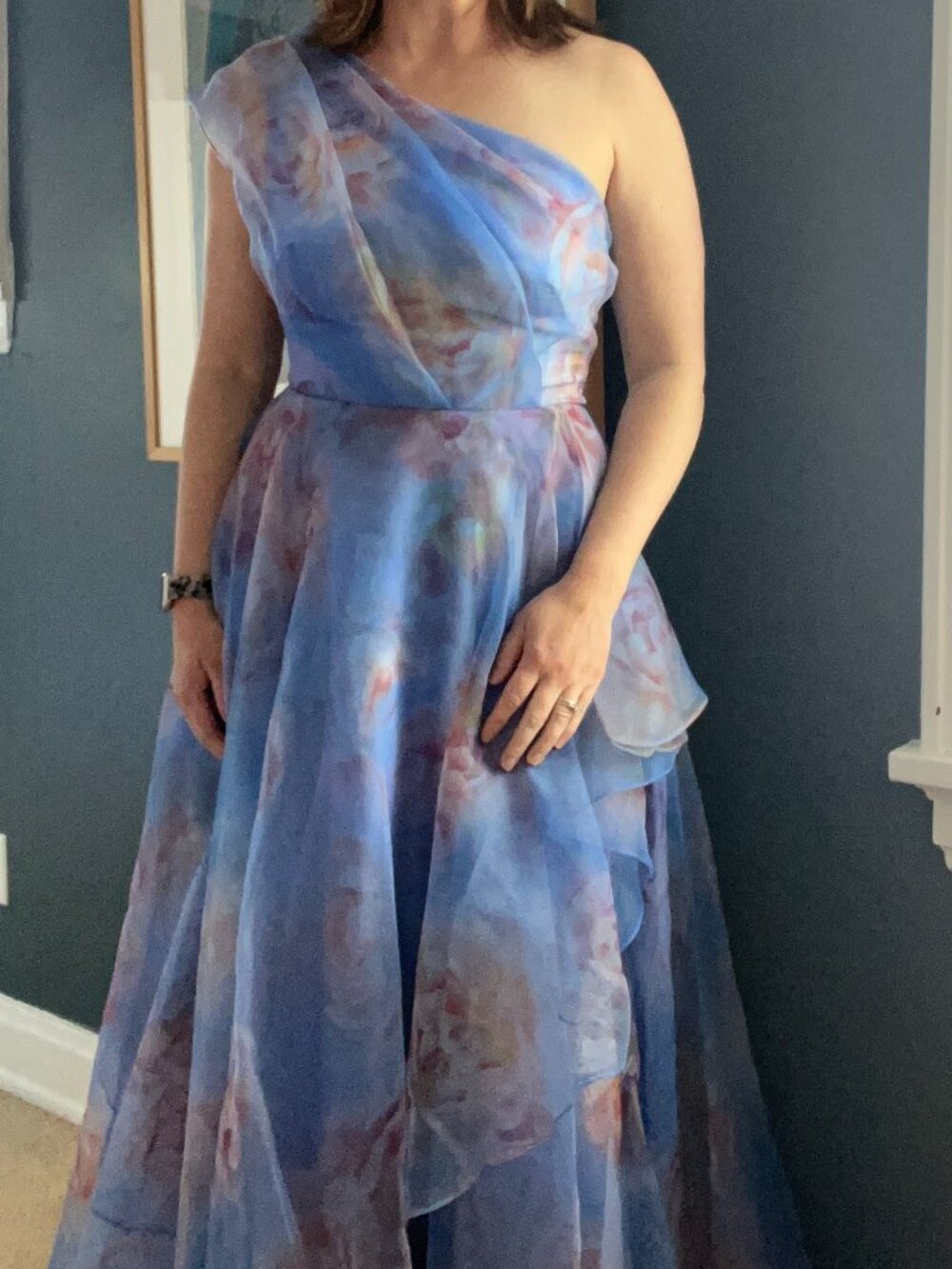 THEIA Augusta Floral One Shoulder Organza Gown Pearl Roses Size 8